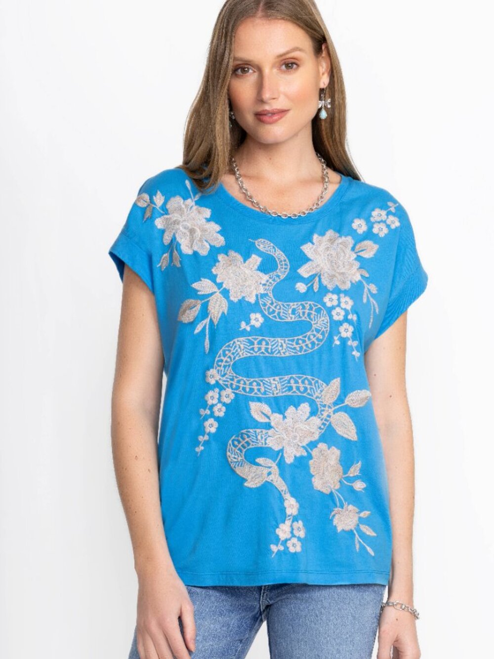 NWT Johnny Was Edie Relaxed Tee Malibu Floral Blue Embroidered Cotton XS $130
